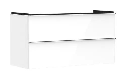 Hochglänzender, weißer Unterschrank von Hansgrohe mit zwei Schubkästen. Schlichte Gestaltung, geeignet für einen Waschtisch.